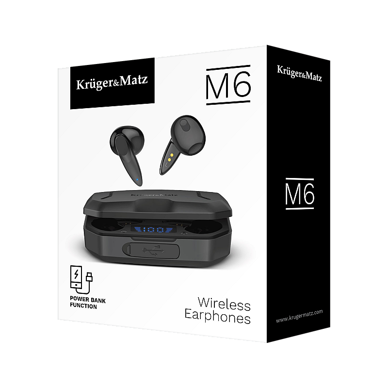 Kruger&Matz M6 ασύρματα in-ear ακουστικά με power bank - μαύρο