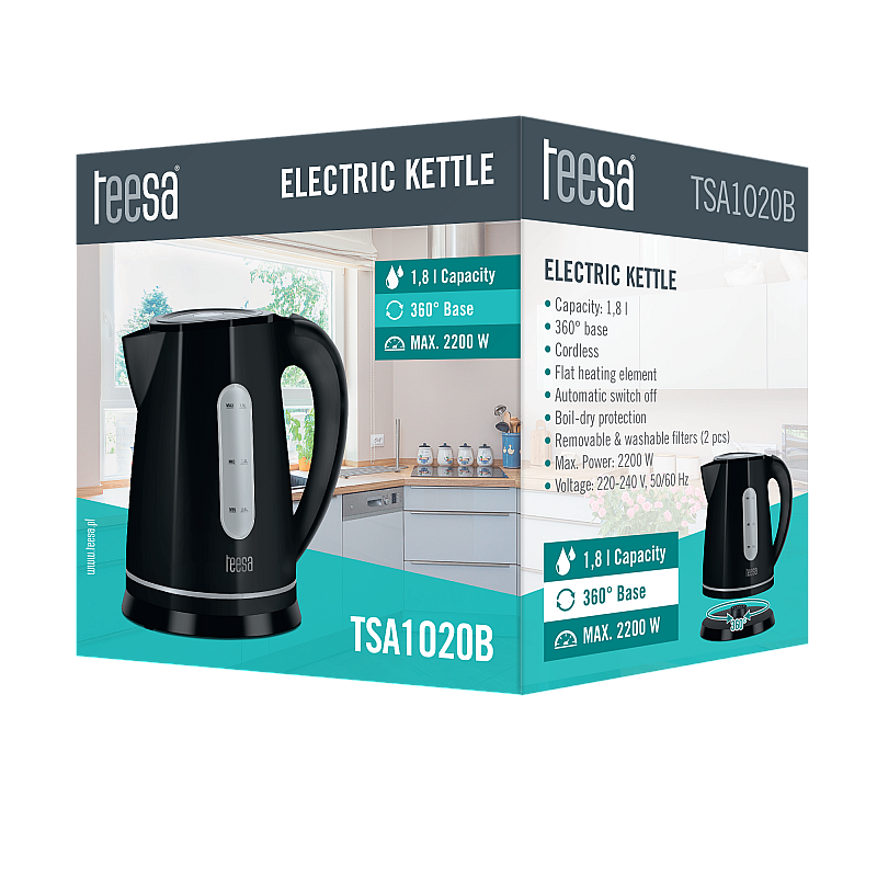 Ηλεκτρικός βραστήρας TEESA, 2200 W, μαύρος, 1,8L