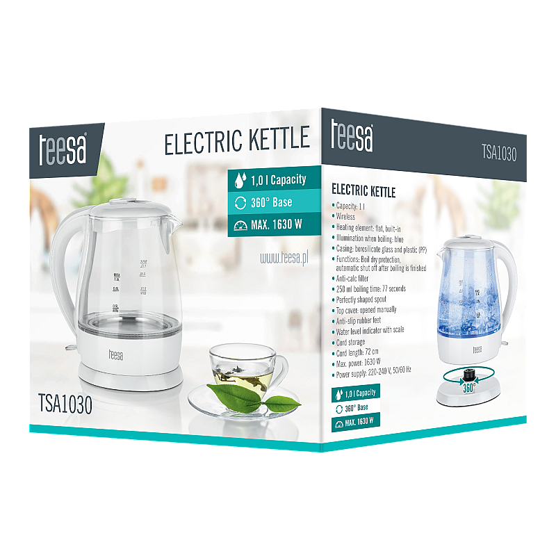 Ηλεκτρικός βραστήρας TEESA, γυαλί, 1650 W, λευκό, 1 L Ηλεκτρικός βραστήρας TEESA, γυαλί, 1650 W, λευκό, 1 L