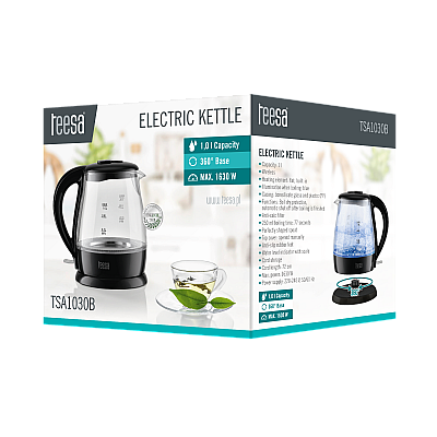 Ηλεκτρικός βραστήρας TEESA, γυαλί, 1650 W, μαύρο, 1 L