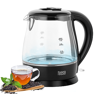 Ηλεκτρικός βραστήρας TEESA, γυαλί, 1650 W, μαύρο, 1 L