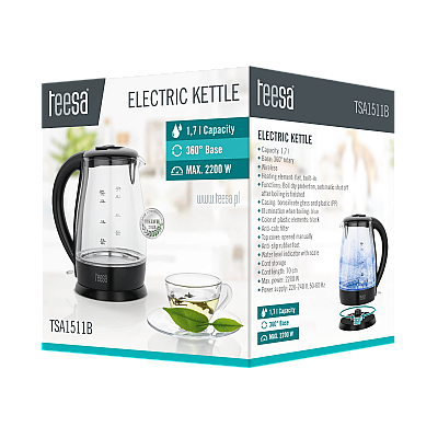 Ηλεκτρικός βραστήρας TEESA, γυαλί, 2200 W, μαύρο, 1,7 L Ηλεκτρικός βραστήρας TEESA, γυαλί, 2200 W, μαύρο, 1,7 L