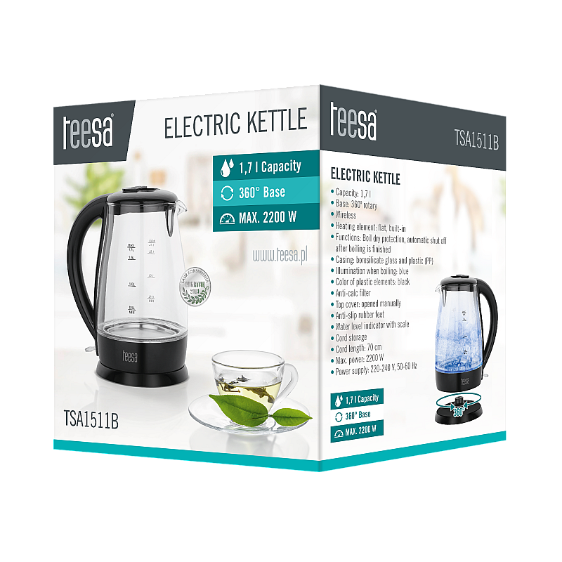Ηλεκτρικός βραστήρας TEESA, γυαλί, 2200 W, μαύρο, 1,7 L Ηλεκτρικός βραστήρας TEESA, γυαλί, 2200 W, μαύρο, 1,7 L