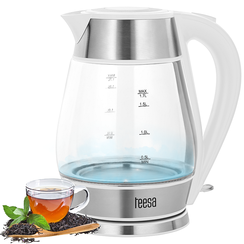 Ηλεκτρικός βραστήρας TEESA, γυαλί + inox, 2200 W, λευκό, 1,7 L Ηλεκτρικός βραστήρας TEESA, γυαλί + inox, 2200 W, λευκό, 1,7 L
