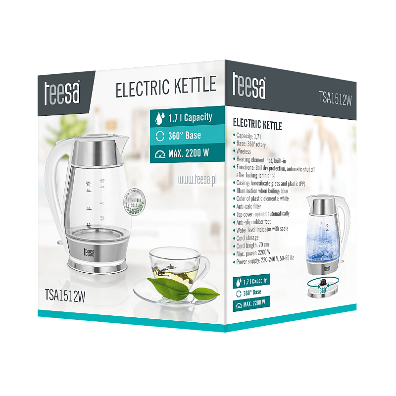 Ηλεκτρικός βραστήρας TEESA, γυαλί + inox, 2200 W, λευκό, 1,7 L Ηλεκτρικός βραστήρας TEESA, γυαλί + inox, 2200 W, λευκό, 1,7 L
