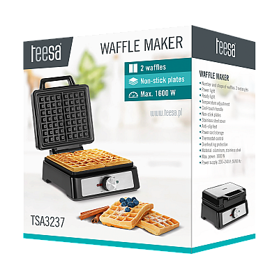 Βαφλιέρα TEESA, 2 βάφλες, 1600W, inox, ρύθμιση ισχύος