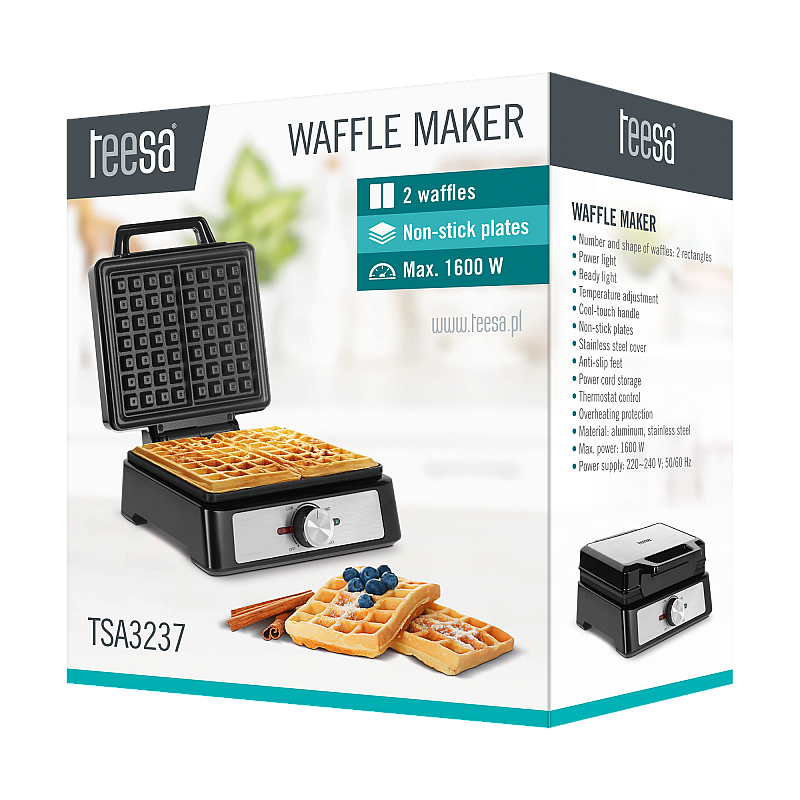 Βαφλιέρα TEESA, 2 βάφλες, 1600W, inox, ρύθμιση ισχύος