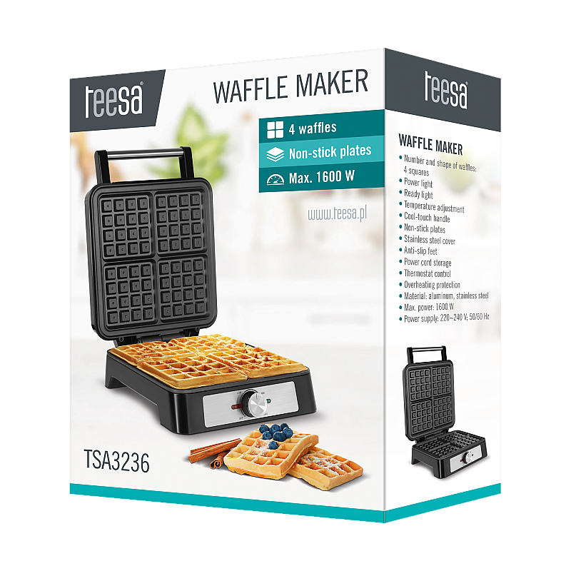 Βαφλιέρα TEESA, 4 βάφλες, 1600W, inox, ρύθμιση ισχύος