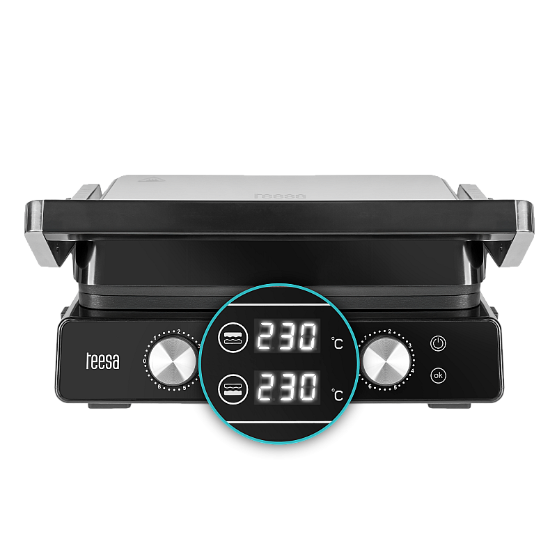 Ηλεκτρική ψησταριά TEESA, ψησταριά panini, επιστάτης, 3 θέσεις, αφαιρούμενα ένθετα, 2000W