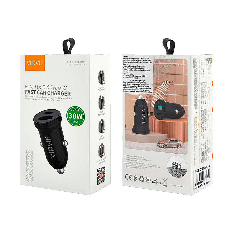 Φορτιστής αυτοκινήτου USB + USB Type-C 30W με PowerDelivery και QuickCharge Φορτιστής αυτοκινήτου USB + USB Type-C 30W με PowerDelivery και QuickCharge
