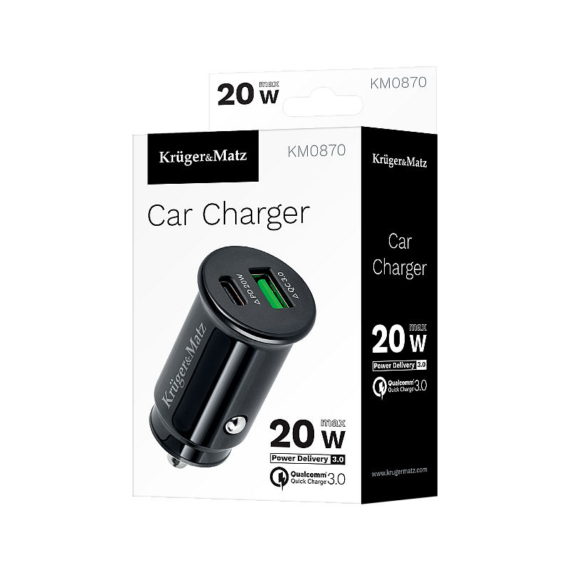 Φορτιστής αυτοκινήτου Kruger&Matz διπλού USB 3100 mA με Quick Charge 3.0 και λειτουργία Power Delivery
