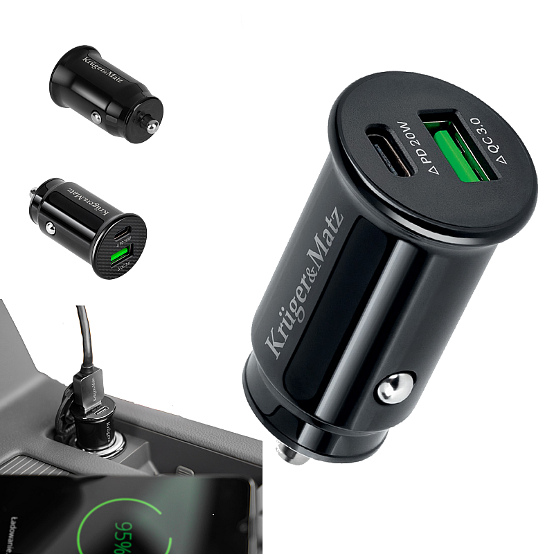 Φορτιστής αυτοκινήτου Kruger&Matz διπλού USB 3100 mA με Quick Charge 3.0 και λειτουργία Power Delivery
