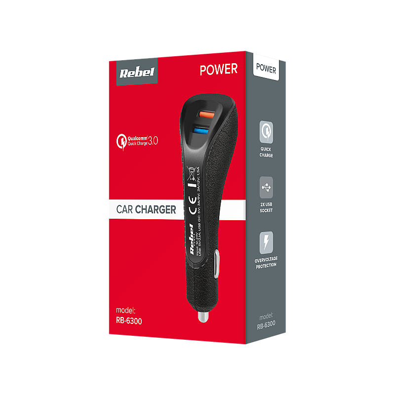 Φορτιστής αυτοκινήτου REBEL 2xUSB 5100mA 15W με λειτουργία Quick Charge 3.0
