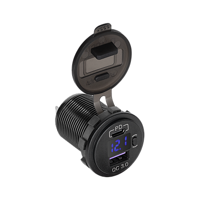 Φορτιστής αυτοκινήτου USB + USB Type C με λειτουργία Quick Charge, Power Delivery και μετρητής τάσης 48W Φορτιστής αυτοκινήτου USB + USB Type C με λειτουργία Quick Charge, Power Delivery και μετρητής τάσης 48W
