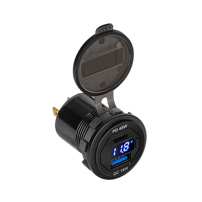 Φορτιστής αυτοκινήτου USB + USB Type C με λειτουργία Quick Charge, Power Delivery και μετρητής τάσης 63W