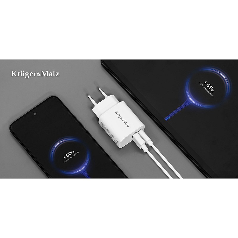 Kruger&Matz GaN διπλός φορτιστής USB με λειτουργία Power Delivery και Quick Charge