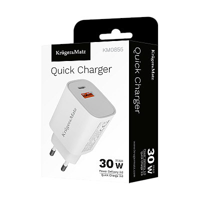 Kruger&Matz GaN διπλός φορτιστής USB με λειτουργία Power Delivery και Quick Charge
