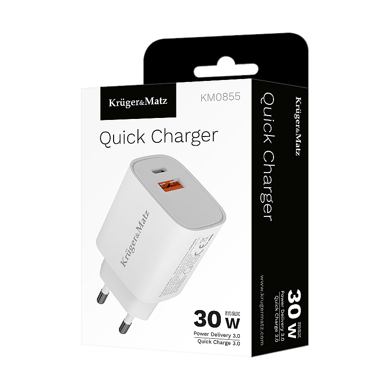 Kruger&Matz GaN διπλός φορτιστής USB με λειτουργία Power Delivery και Quick Charge