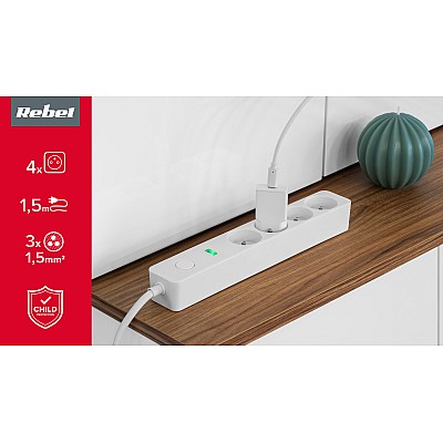 Καλώδιο επέκτασης ρεύματος Rebel 4 πριζών με διακόπτη -1,5μ