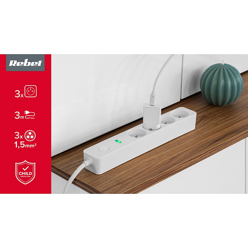 Καλώδιο επέκτασης ρεύματος Rebel, 4 πρίζες, με διακόπτη - 3μ.