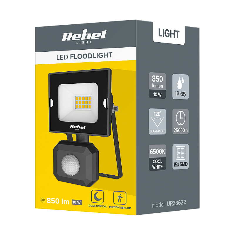 Προβολέας LED Rebel 10W με αισθητήρα λυκόφωτος και κίνησης, 6500K, 230V