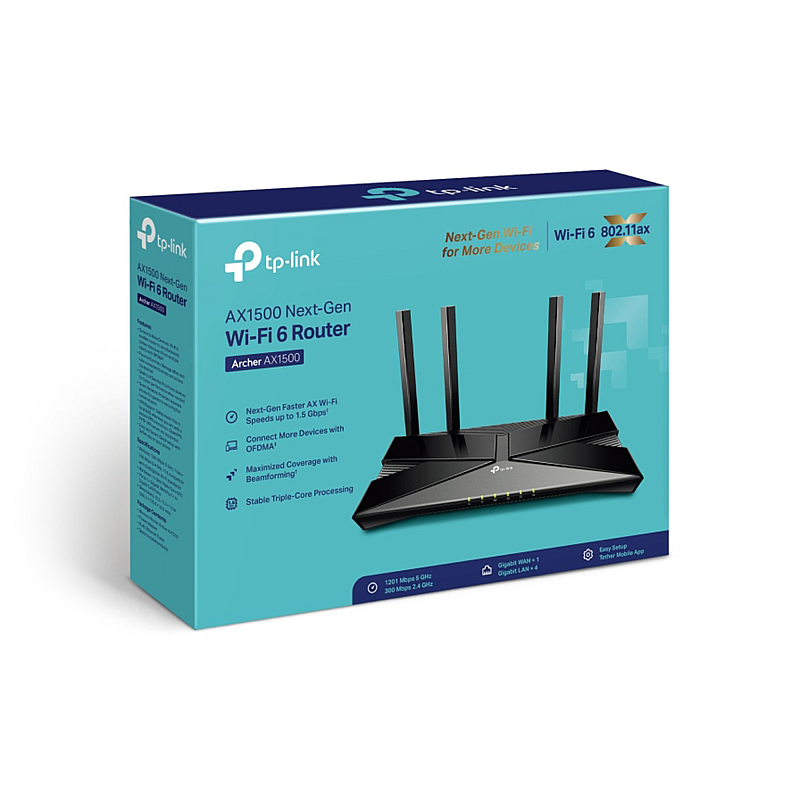TP-LINK Archer AX1500 router, dual-band, ασύρματο, WIFi6, 300/1201 Mb/s TP-LINK Archer AX1500 router, dual-band, ασύρματο, WIFi6, 300/1201 Mb/s