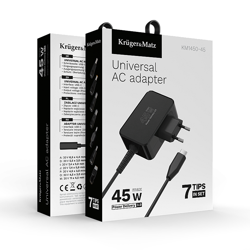 Τροφοδοτικό γενικής χρήσης Kruger&Matz 45W με λειτουργία Power Delivery, 7 ακροδέκτες