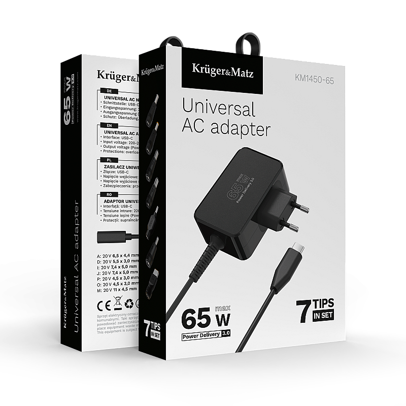 Τροφοδοτικό γενικής χρήσης Kruger&Matz 65W με λειτουργία Power Delivery, 7 ακροδέκτες