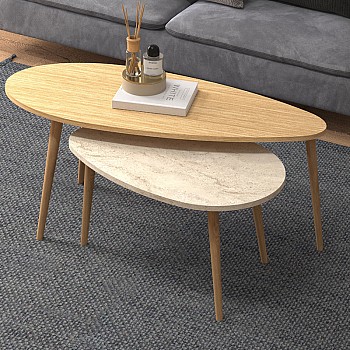 Τραπεζάκι σαλονιού σετ 2 τμχ Elips Megapap χρώμα oak - travertine 116x46x46εκ.