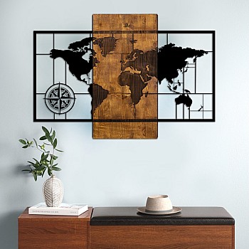 Διακοσμητικό τοίχου World Map Megapap ξύλινο - μεταλλικό χρώμα καρυδί - μαύρο 85x3x58εκ.