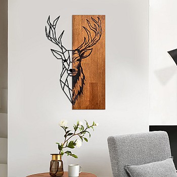 Διακοσμητικό τοίχου Deer Megapap ξύλινο - μεταλλικό χρώμα καρυδί - μαύρο 36x3x58εκ.